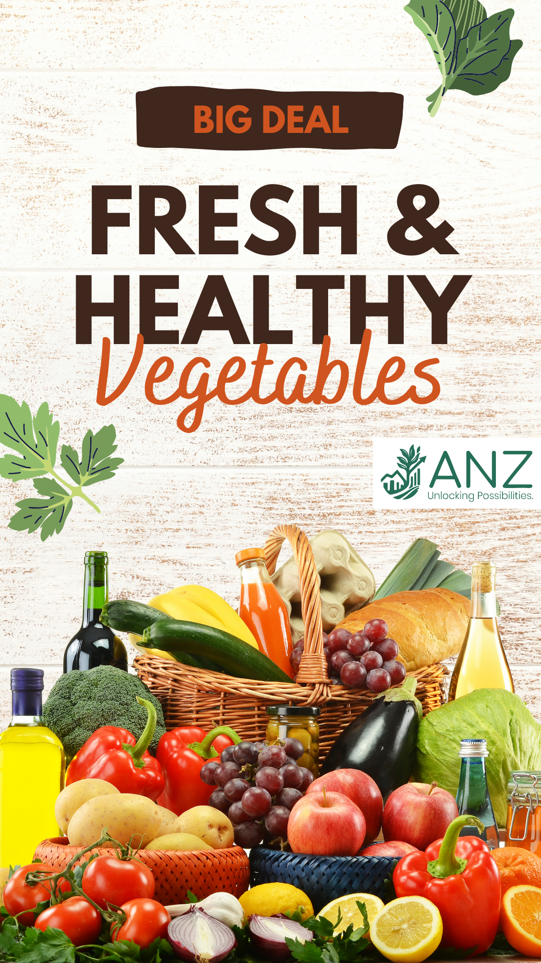 Advertisement for 'Big Deal - Fresh & Healthy Vegetables' showing assorted groceries including produce, basket, and ANZ logo.